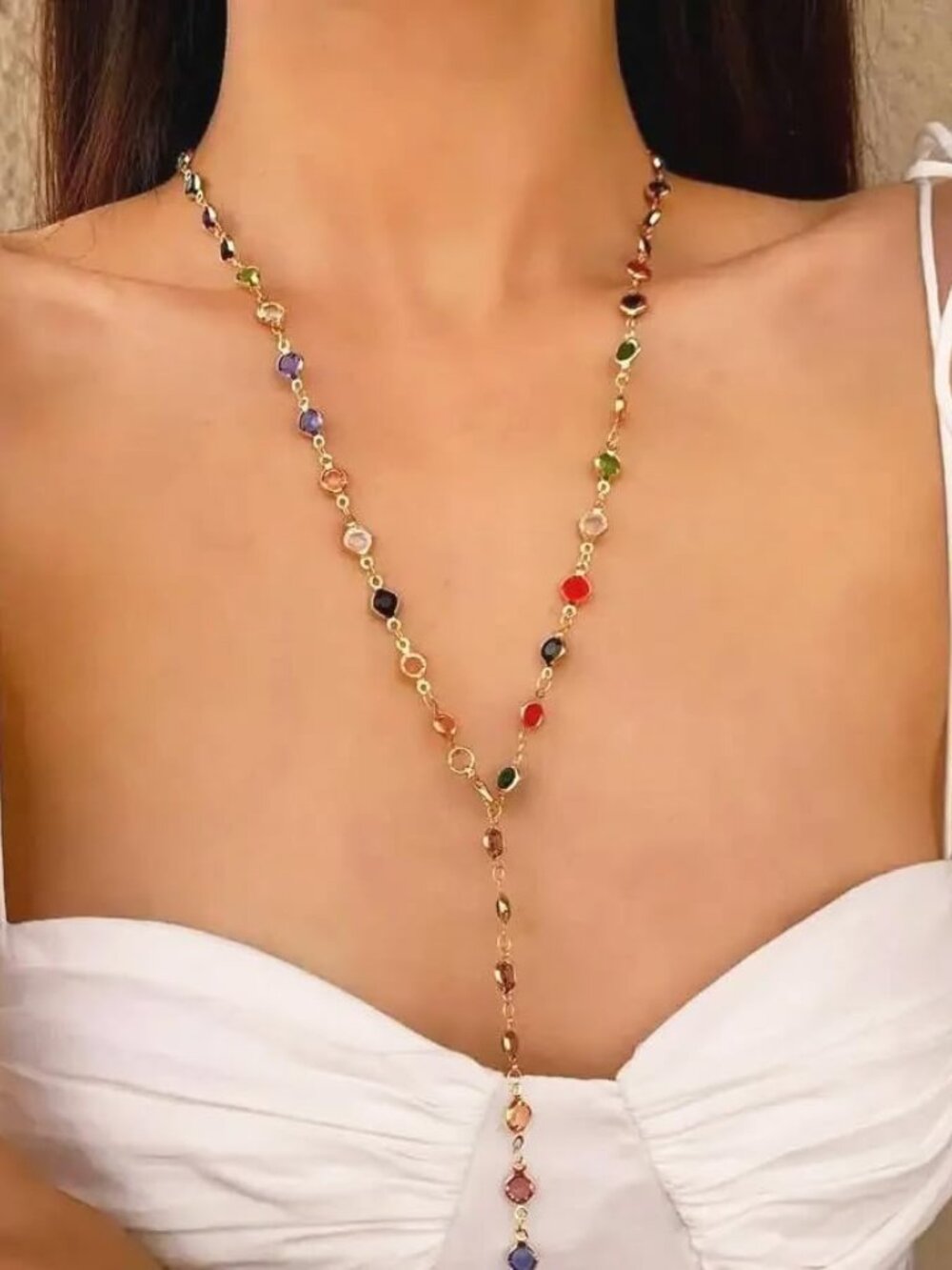 Rhinestone Necklace for Women Boho Long Y Lariat Necklace Colorful Summer Beach - Picture 4 of 6